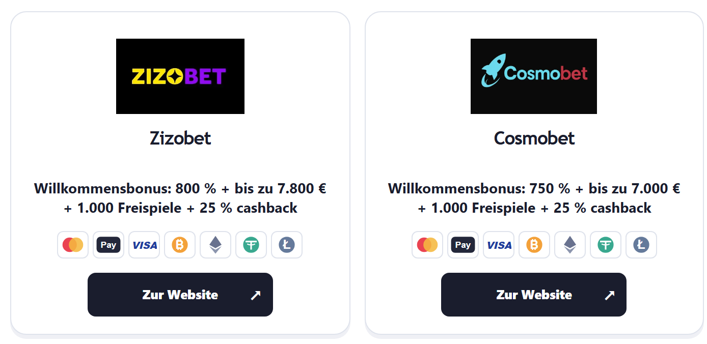 Beispiel einer Casinokarte auf MGA Licensed mit Markenname, Angebotszeile und Link zur Zielseite