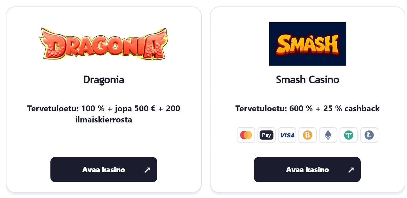 Esimerkki MGA Licensedin kasinokortista, jossa näkyvät kasinon nimi, tarjous ja siirtymispainike