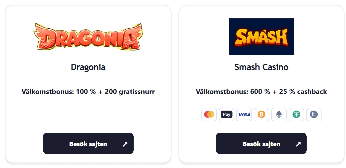 Exempel på ett casinokort på MGA Licenseds svenska översikt med namn, erbjudande och knapp