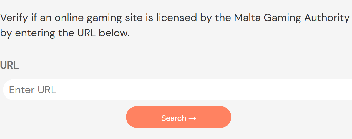 Malta Gaming Authority URL Checker screen for checking a gambling website address